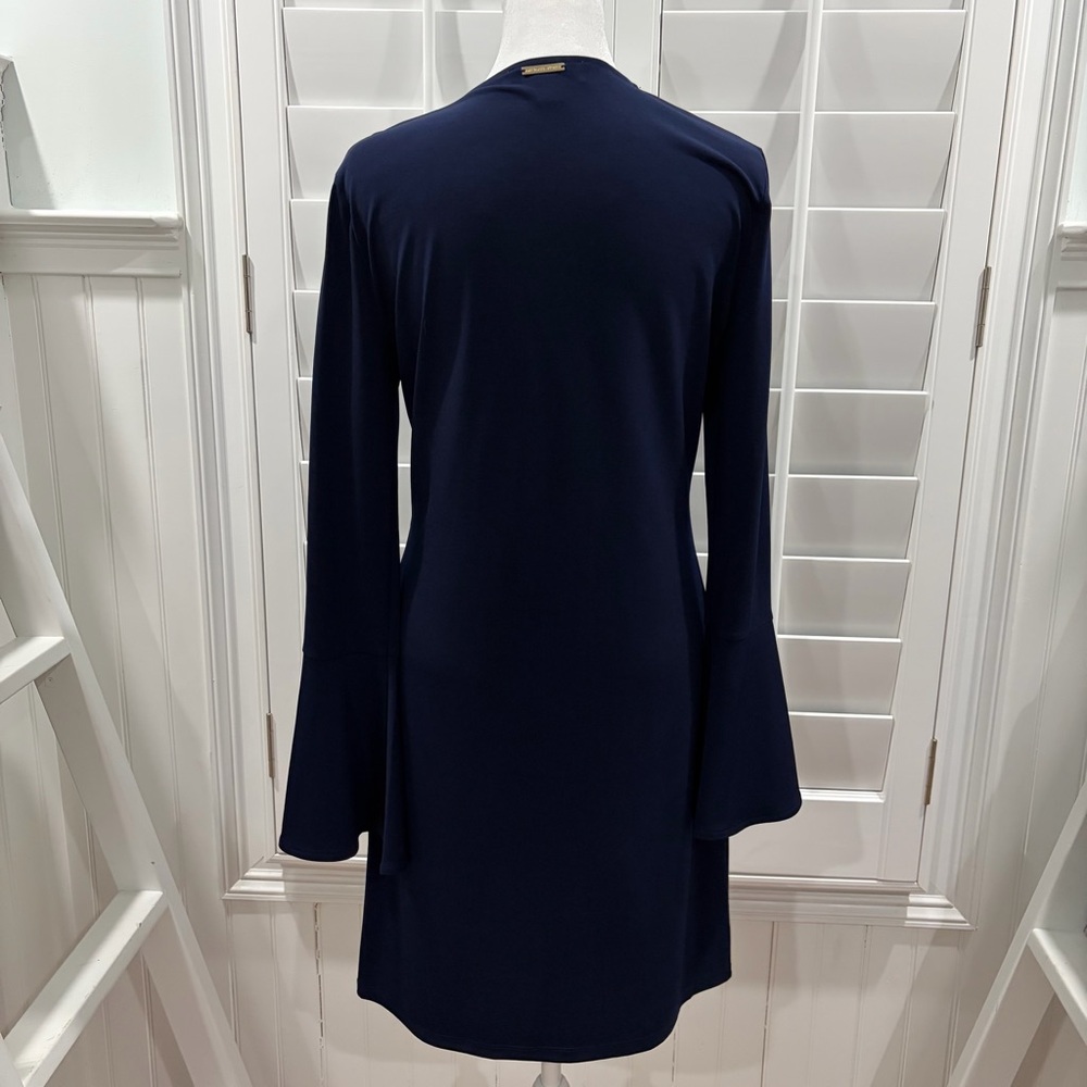 Michael Kors Lace Up Bell Sleeve Stretch Cocktail Dress in True Navy (M) - Picture 6 of 9
